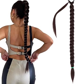 Xtrend Long Braided Ponytail Extensions Pre-braided Straight Wrap Around Hair Extensions 34 Inch Ponytail Natural Soft Synthetic Hair Pieces for Women Daily Wear Chocolate Brown 4#