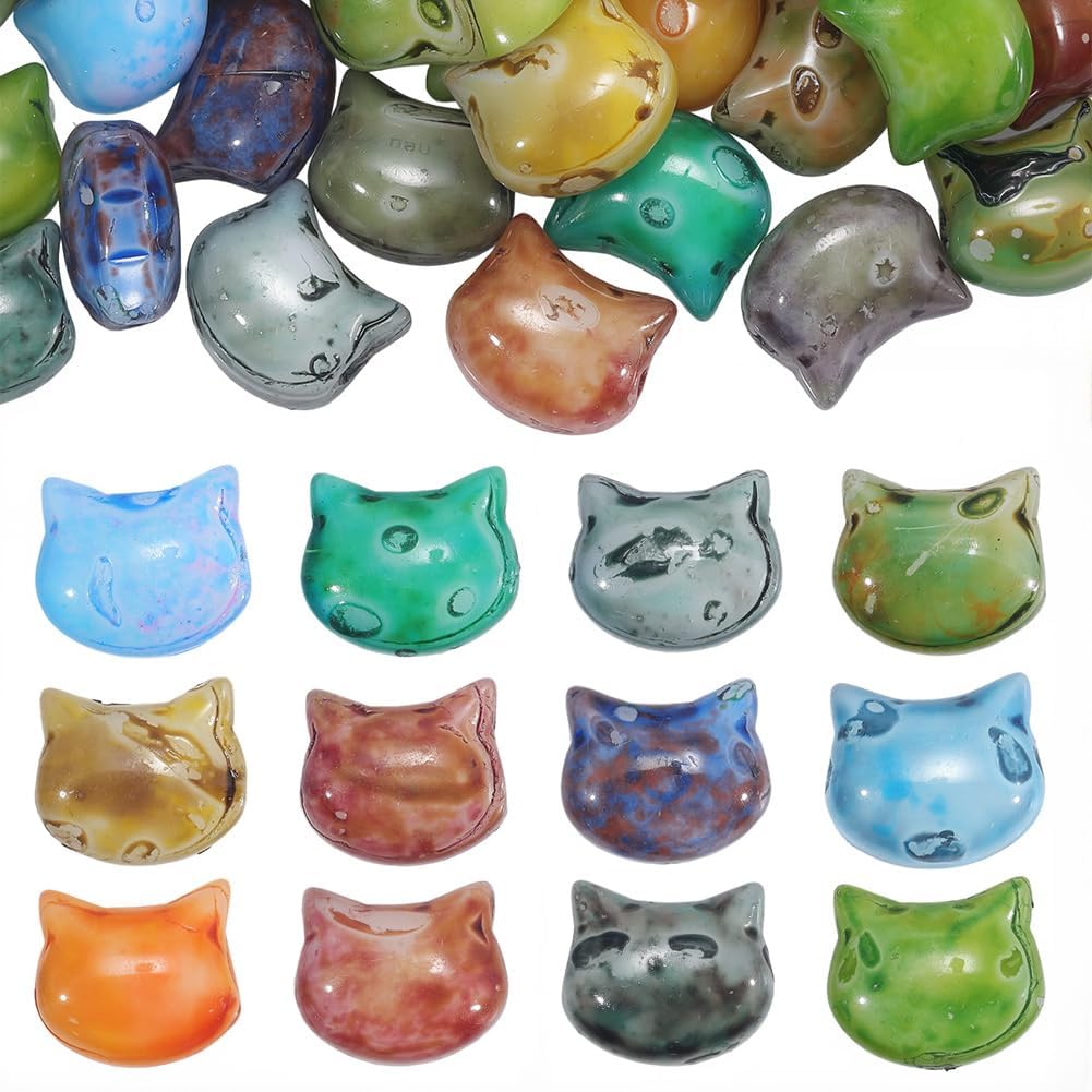 1 Box 50PCS Cat Glass Beads with Holes Picasso Baking Colorful Animal Cats Head Opaque Vintage Loose Spacer Seed Bead for Jewelry Making Necklace Earrings Bracelet DIY Crafts Supplies