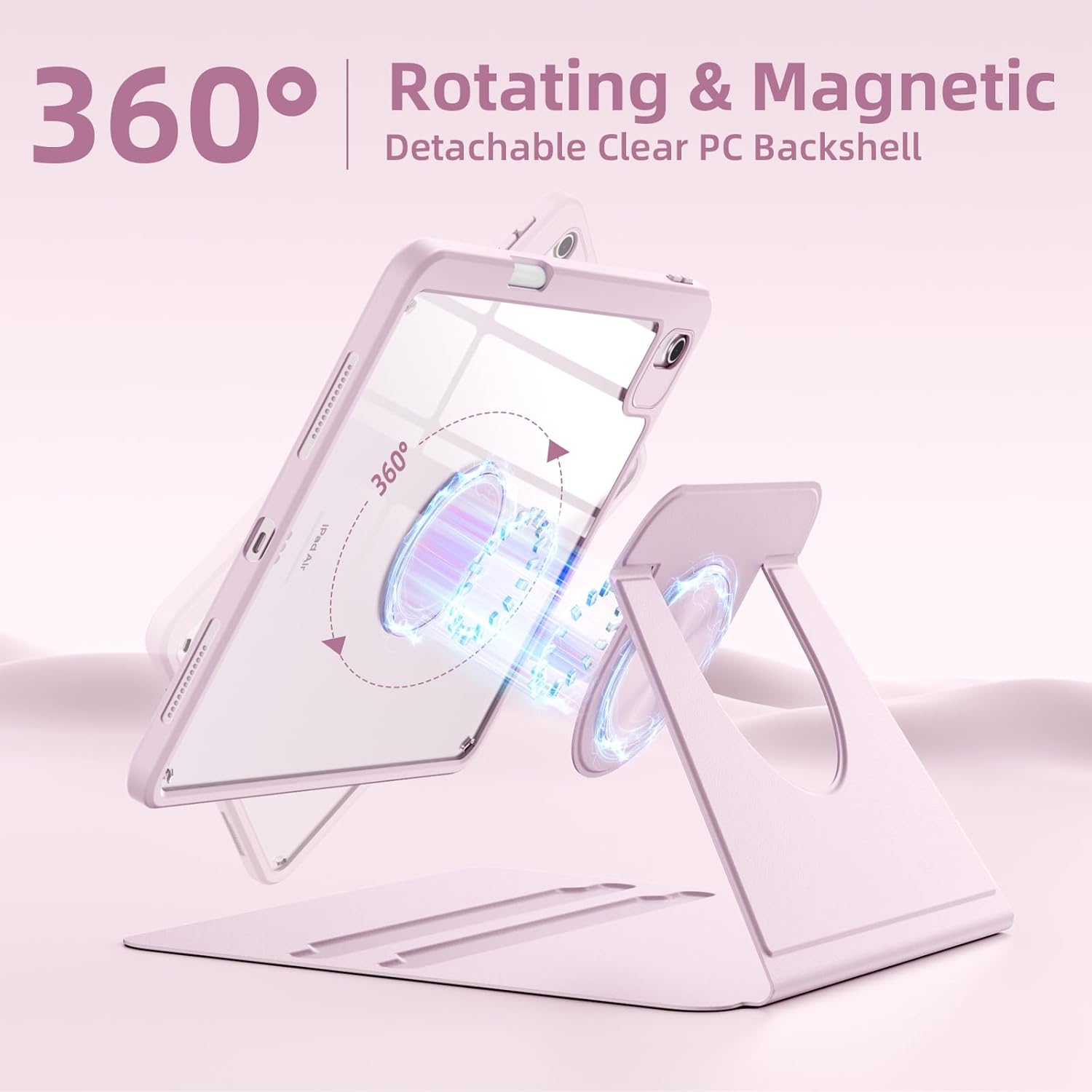 Wenlaty for iPad Air 11 inch Case (M3/M2) & Air 5th/4th Generation Case 10.9 inch, for iPad Pro 11 inch 4/3/2/1 Gen,360° Rotating Cover,Detachable Magnetic Back,Pencil Holder,Auto Sleep/Wake,Pink