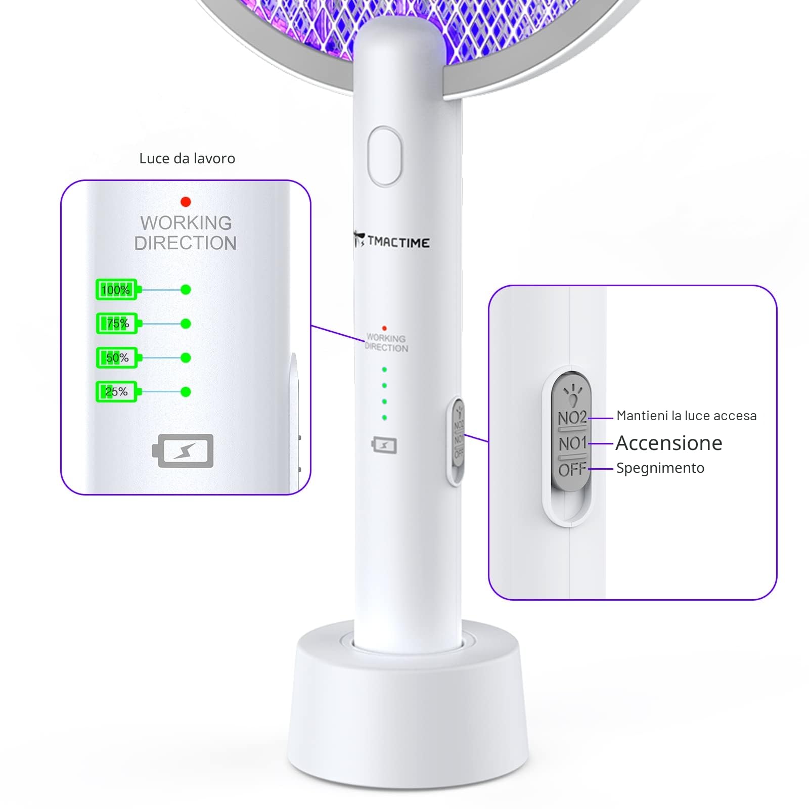 2-in-1 Racchetta Zanzare Elettrica, 2X 4000V Racchetta Antizanzare, USB Base di Ricaricabile, e Lampada UV, Protezione Maglia a 3 Strati, Adatto per Casa, Giardino, Interni ed Esterni
