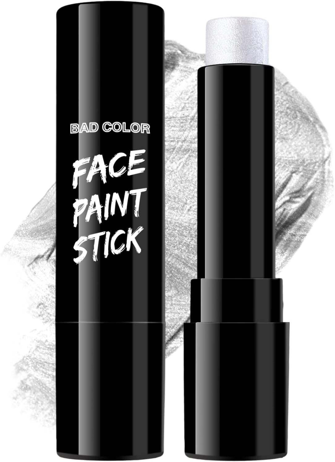 BADCOLOR Metallic Silver Face Body Paint Eye Black Stick, Holographic Glitter Paint Makeup Stick for Halloween SFX Makeup Cosplay Joker Zombie Vampire Costume Parties