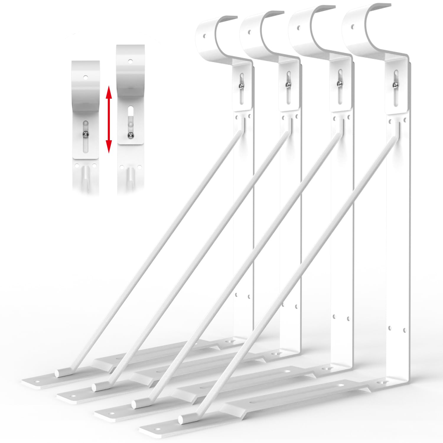 Adjustable Hook Closet Shelf and Rod Brackets, Eau 4 Packs of White Heavy Duty Closet Rod Bracket for Shelf Storage and Closet Rod, Wall Mounted Closet Shelves Bracket