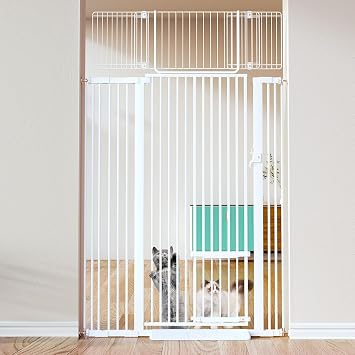 COMOMY 71" Extra Tall Pet Gate for Cats, 29.5-43" Extra Wide Cat Gate with Adjustable Cat Door, Pressure Mounted Easy Walk Through Pet Gate with Door for Stairs, Doorways, KitchenWhite