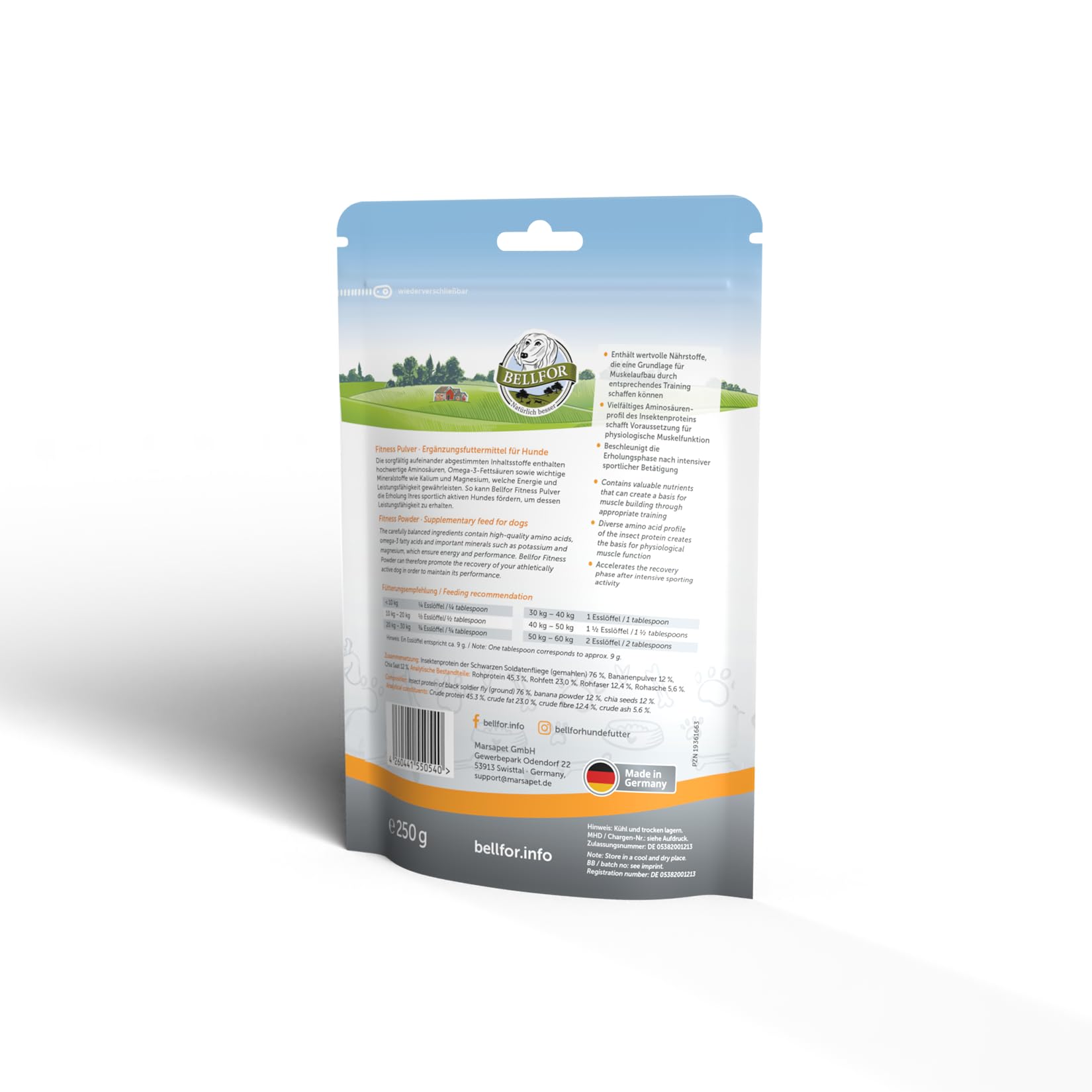 Bellfor Fitnesspulver für Hunde 250 g – Ergänzungsfuttermittel mit Insektenprotein und Aminosäuren für aktive Hunde