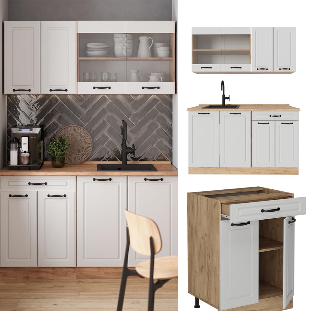 Vicco Cucina completa R-Line, Casa di campagna bianca/Rovere dorato, 140 cm senza piano di lavoro, adatto per installazione autoportante o vicino alla parete