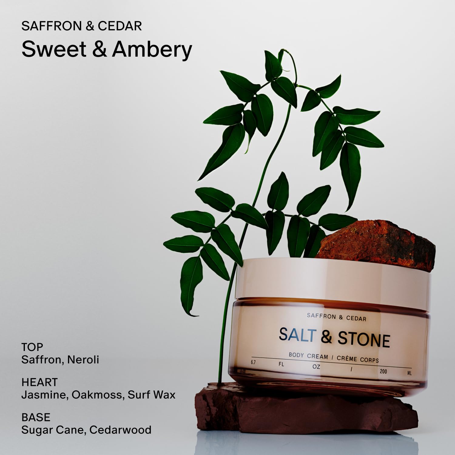 Salt & Stone Körpercreme, feuchtigkeitsspendende Formel mit Algenextrakten, Spirulina und Squalan, tiefe Hydratation, Unterstützung der Hautbarriere und gesunder Glanz, für alle Hauttypen, Safran und
