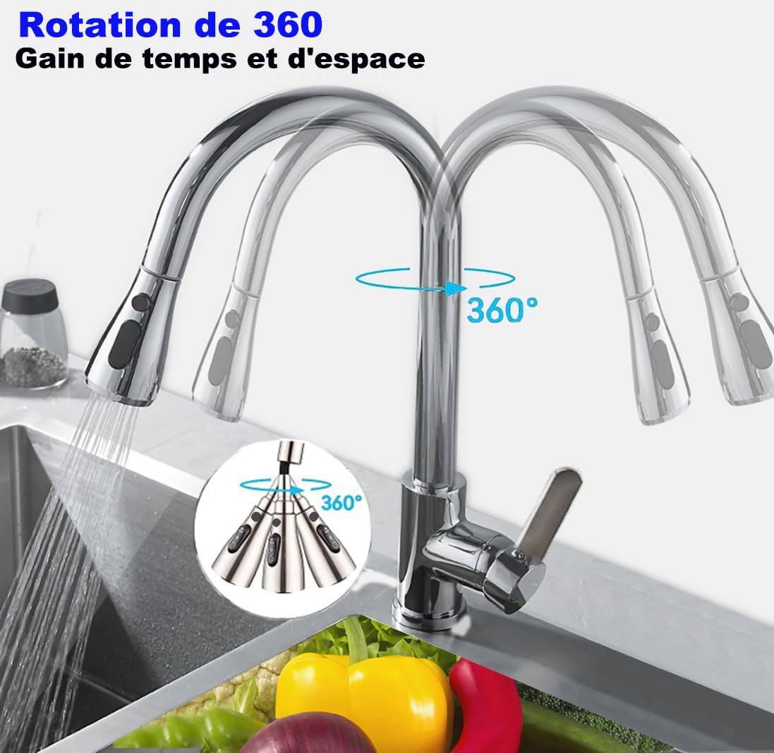 robinet de cuisine amovible, robinet de cuisine pivotant à 360°, mitigeur de cuisine en acier inoxydable à 3 modes, robinet haute pression pour évier de cuisine (chrome - grande tête)