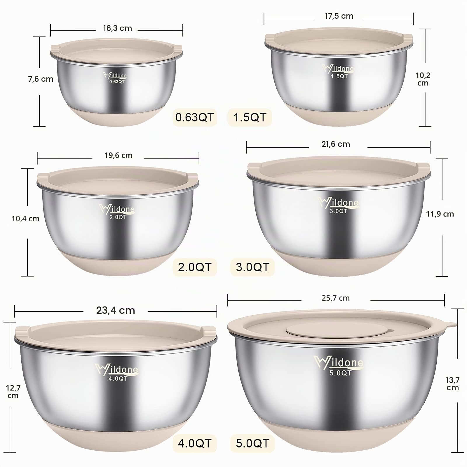 Wildone Rührschüsseln mit luftdichten Deckeln, 22 Stück Edelstahl-Metallschüsseln, 3 Reiben, Messmarkierungen und rutschfeste Unterseite, 0.63 QT, ideal zum Mixen und Servieren (Khaki)