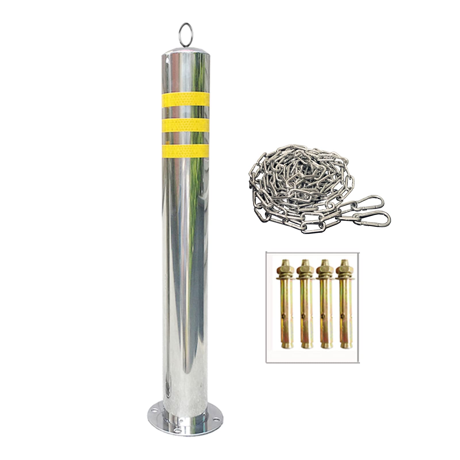 GTHTUHFD Parking Bollard Warning Column Road Pile With Hanging Rings,Stainless Steel Parking Barrier And 5M Warning Chain,Reflective Tape,76×650mm
