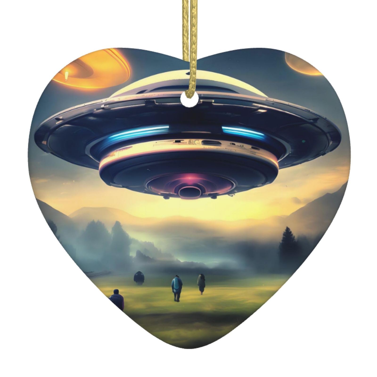 UFO Landing Ceramic Christmas Heart Pendant with Silk Thread, Christmas Tree Home Decoration