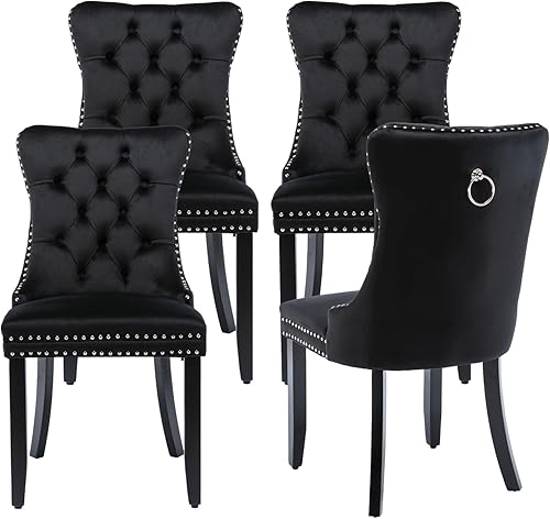 Miniatura 23 de Juego de 4 sillas de cocina modernas de terciopelo gris con anillo trasero, con patas de clavo, patas de madera maciza, tapizadas, sillas de mesa