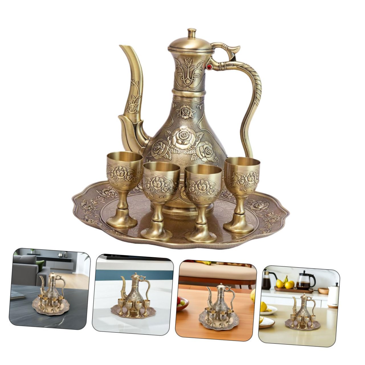Set Bicchieri da Liquore Vintage in Lega di Zinco Oro | Caraffa e Vassoio Inclusi, Design Elegante Retrò, per Bar Professionali ed Eventi Raffinati