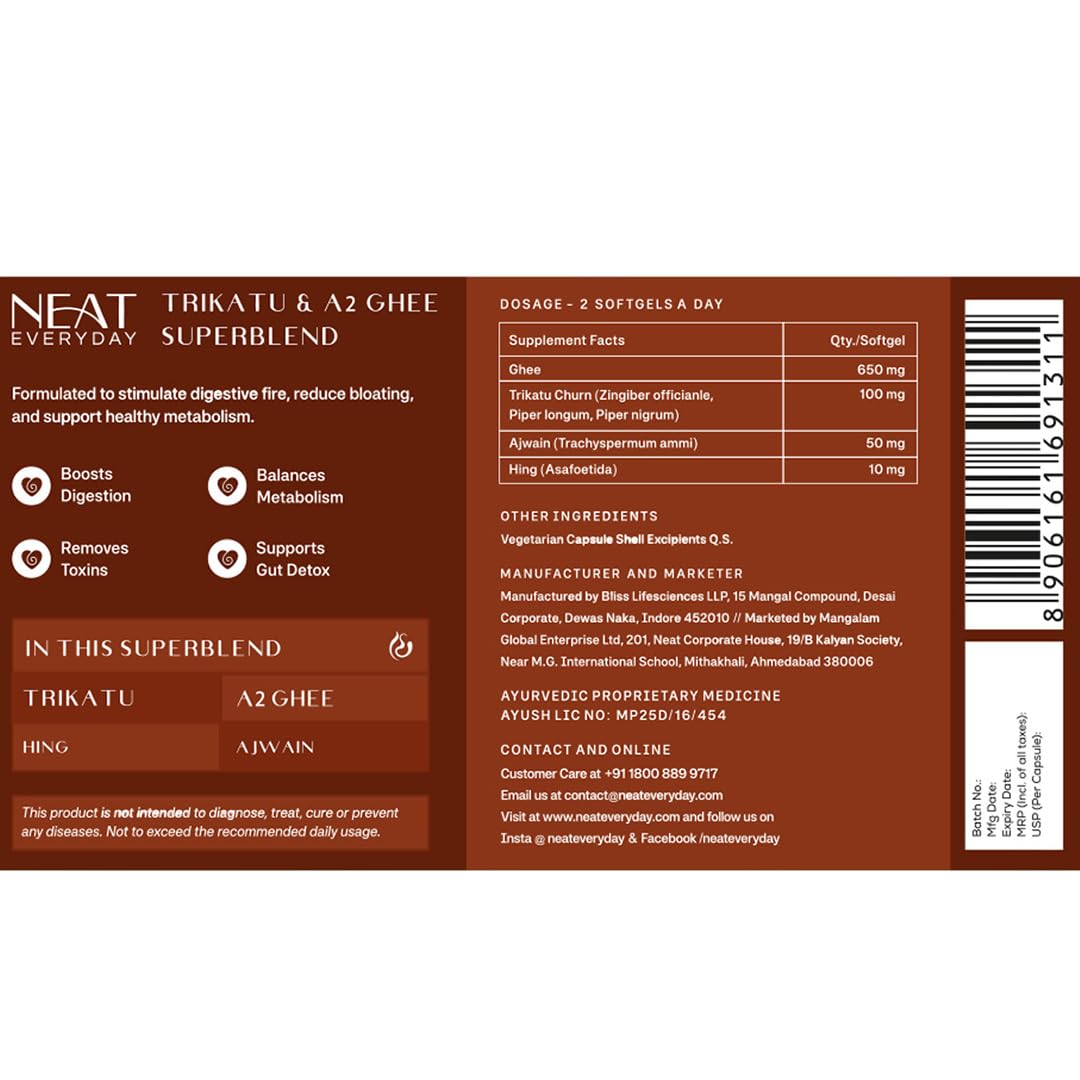 NEAT EVERYDAY Trikatu & A2 Ghee Capsules | Digestion & Metabolism Support | Vegetarian Soft Capsules | Ayurvedic Herbal Supplement | 30 Capsules — Amazon image 8