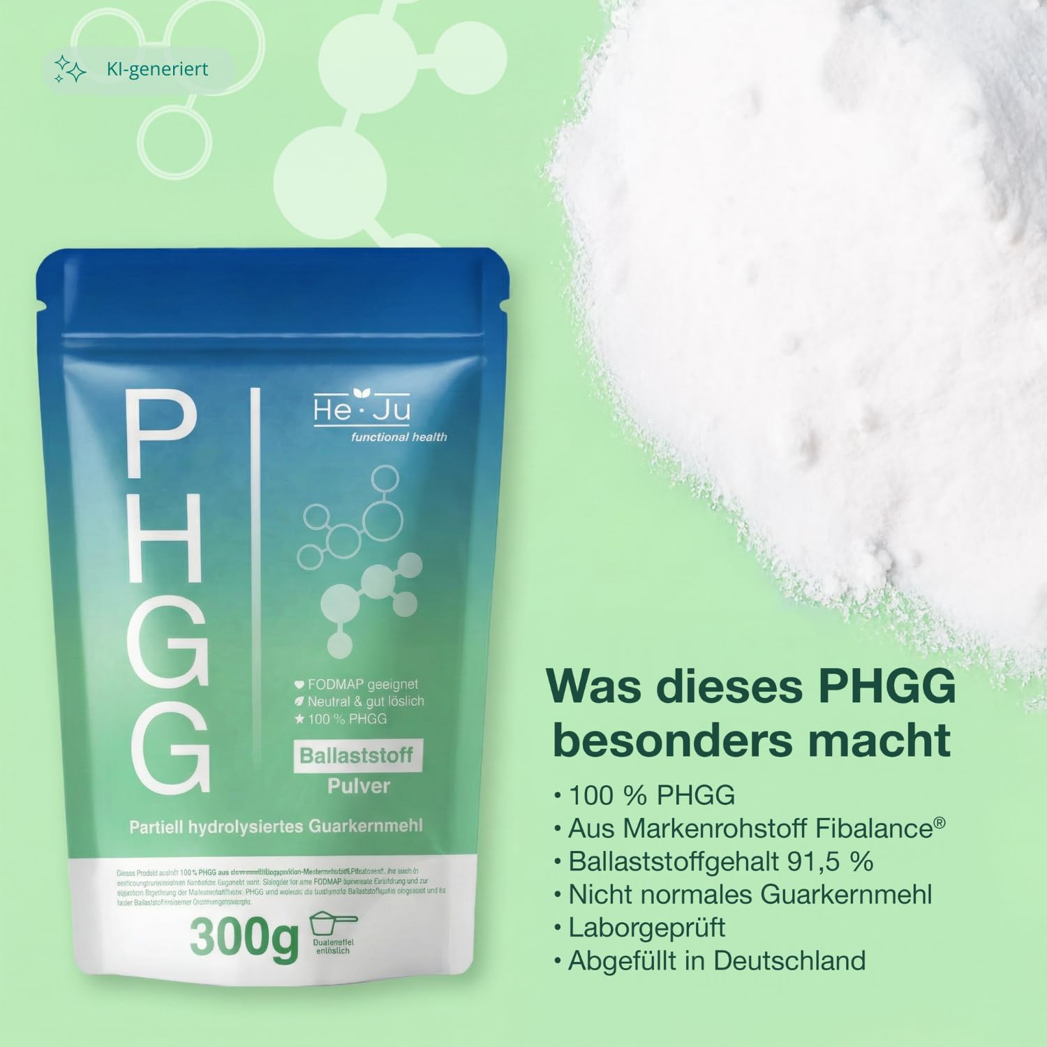 He-Ju PHGG Poudre de fibres (Fibalance®) 300 g, fibres FODMAP 60 portions, 100 % poudre PHGG avec cuillère doseuse de 1 g, neutre et bien soluble, testée en laboratoire