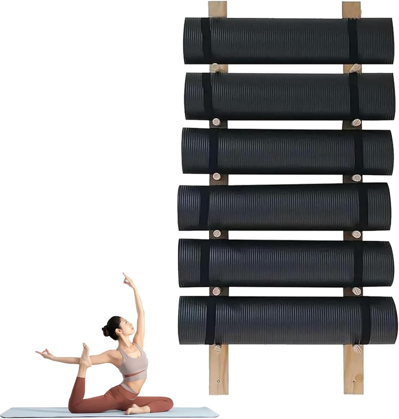 Wooden Foam Roller Storage Rack, 6/9 Tier Wood Gym Exercise Mat Storage Stand, Wall Mount Exercise Mats Display Stand, Yoga Display Holder, Foam Roller Rack for Gym, Studio, Office(6 Layers)