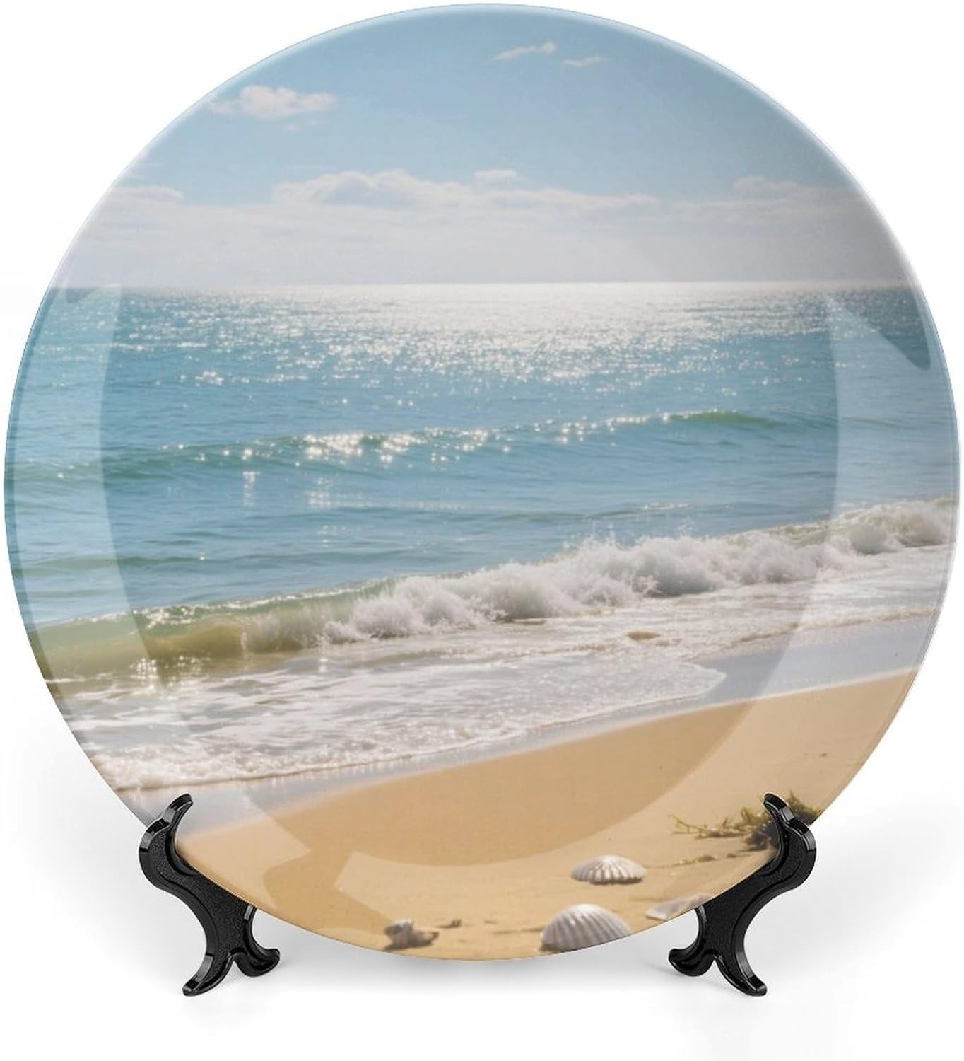 Bone China Decorative Plates Shells Beach Waves Ceramic Decorative Plate Wall Decor with Display Stand Ceramic Ornaments for Wall Hanging Decoration