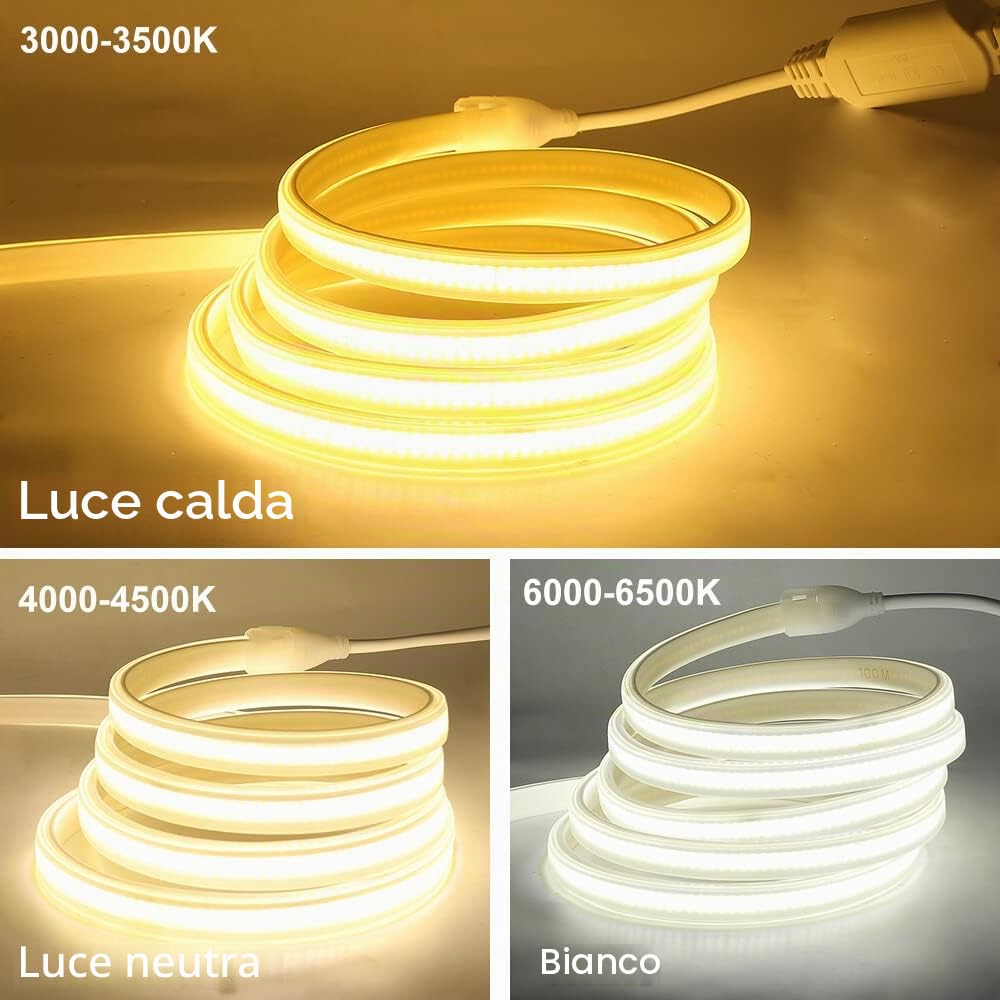 XUNATA Striscia LED COB Flessibile 220V, (Bianco Naturale, 15m), IP65 Impermeabile, Nastri LED ad Alta Luminosità da 288 LED/m con Cavo di Alimentazione