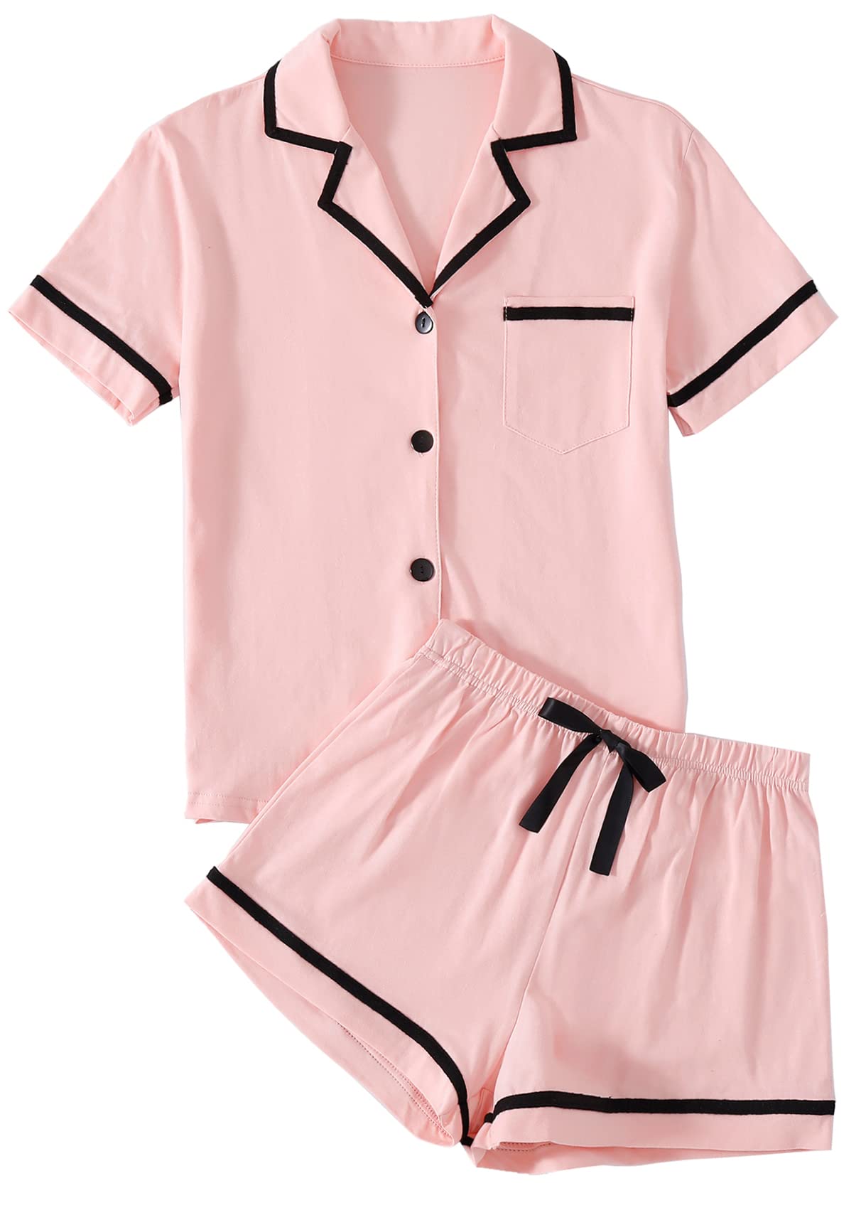 LYANER Women's Cotton Pajamas Set Button Short Sleeve Shirt with Shorts Set PJs Loungewear - X-Large Light Pink
