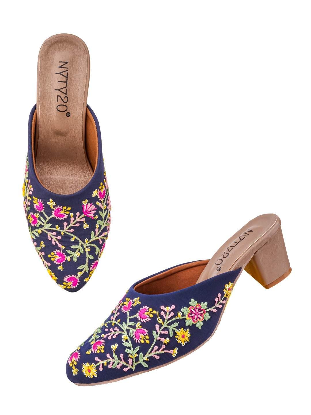 “women’s blue embroidery hill jutti – handcrafted ethnic slip-on flats with elegant detailing & comfortable cushioned sole”