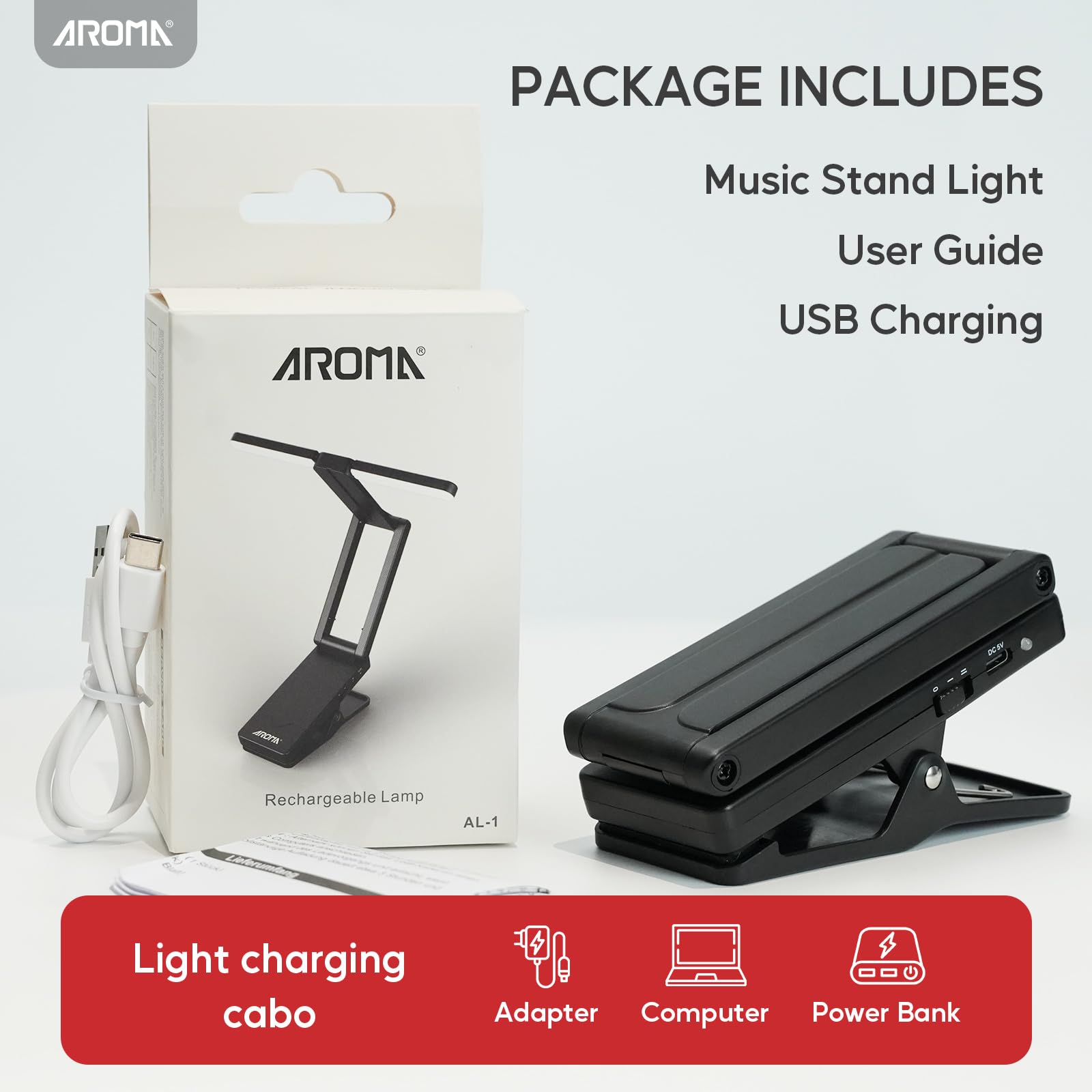 AROMA Luz para Atril de Música Recargable Lámpara de Piano con Clip y 2 Niveles de Brillo