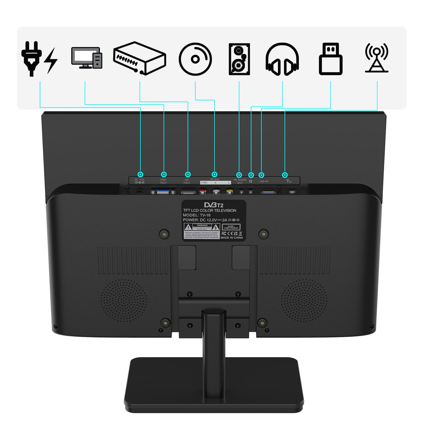 KCR 15,6 Pouces IPS 1080P Freeview Cable TV, HDTV DVB-T2 Tuner, entrée AV, HDMI/VGA PC Monitor, USB Slot, Remote Control, Car (12 Volt) Or Mains Power
