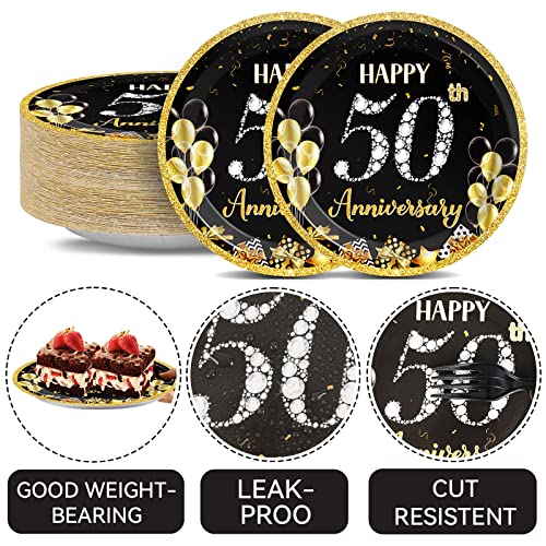 Image of Qyeahkj 48 Pcs 50th Anniversary Party Plate Employee Career Wedding 50th Anniversary Party Gold Black Disposable Paper Dessert Cake Platter Supplies Set for Fiftieth Anniversary Party Decoration Favor