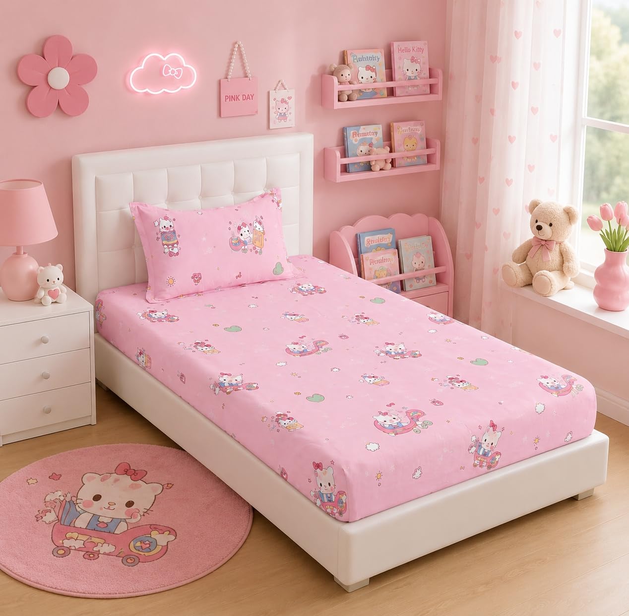 Filymore Kids Single Bedsheet with 1 Pillow Cover | Cartoon Kitty Printed Bed Sheet for Single Bed | 240 TC Soft Microfiber Bedding Set | 90 x 60 Inch Bedspread | Pink & White-image-18
