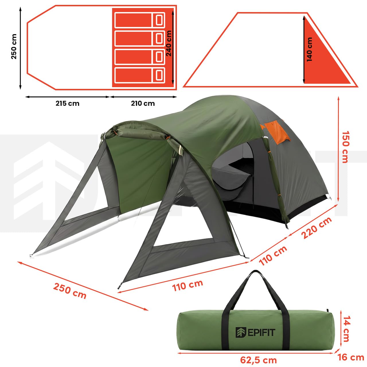 Namiot dla 4 osób, 435 x 240 x 135 cm, wodoszczelny, 3000 mm, namiot rodzinny, namiot kempingowy z przedsionkiem i moskitierą, lekki namiot biwakowy, namiot festiwalowy, stelaż z włókna