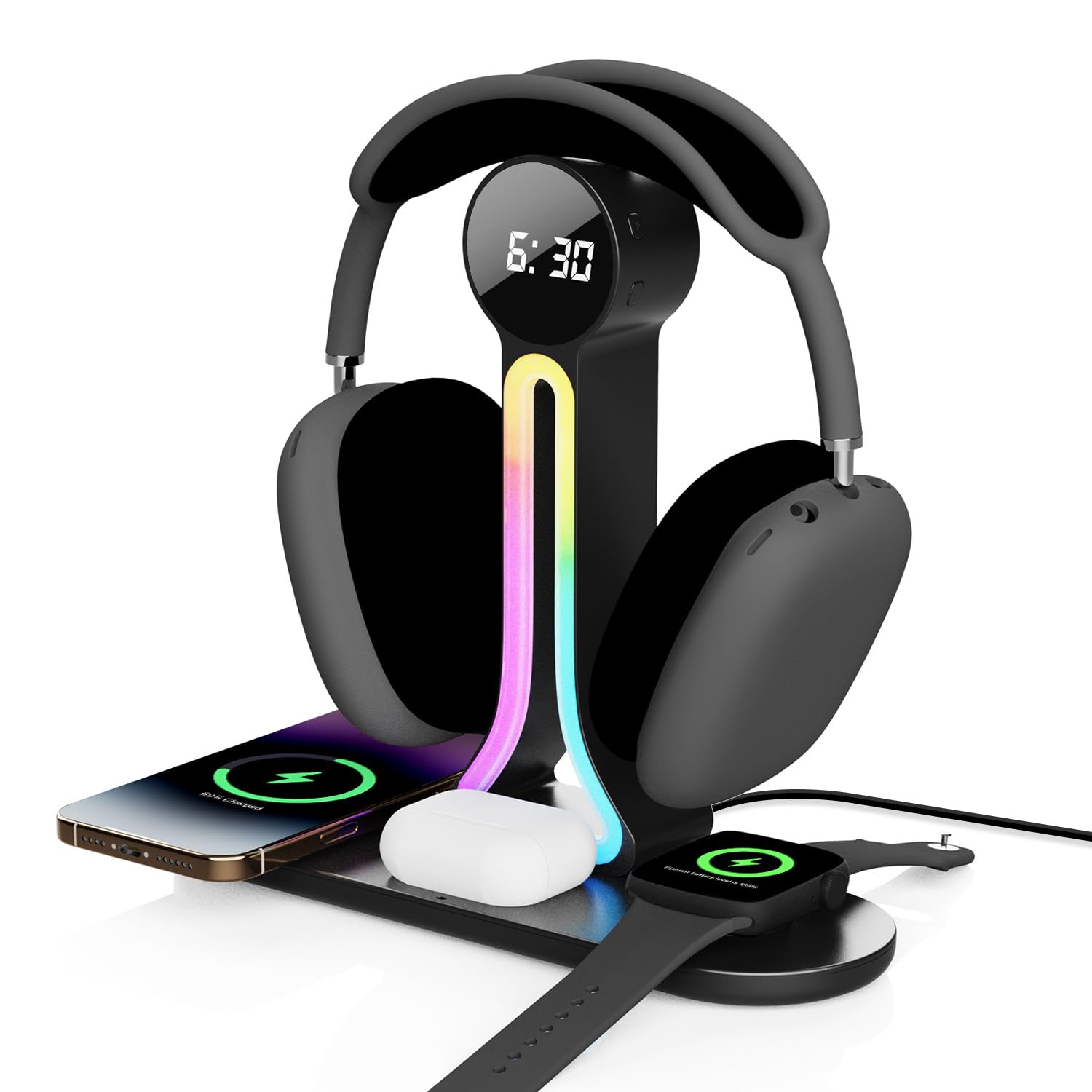 Trasforma la tua scrivania - Stazione di ricarica wireless 4 in 1 con supporto per cuffie, doppia porta USB, caricabatterie rapido da 15 W per telefono/A-irPods/A-pple Watch, luce RGB, sveglia a LED