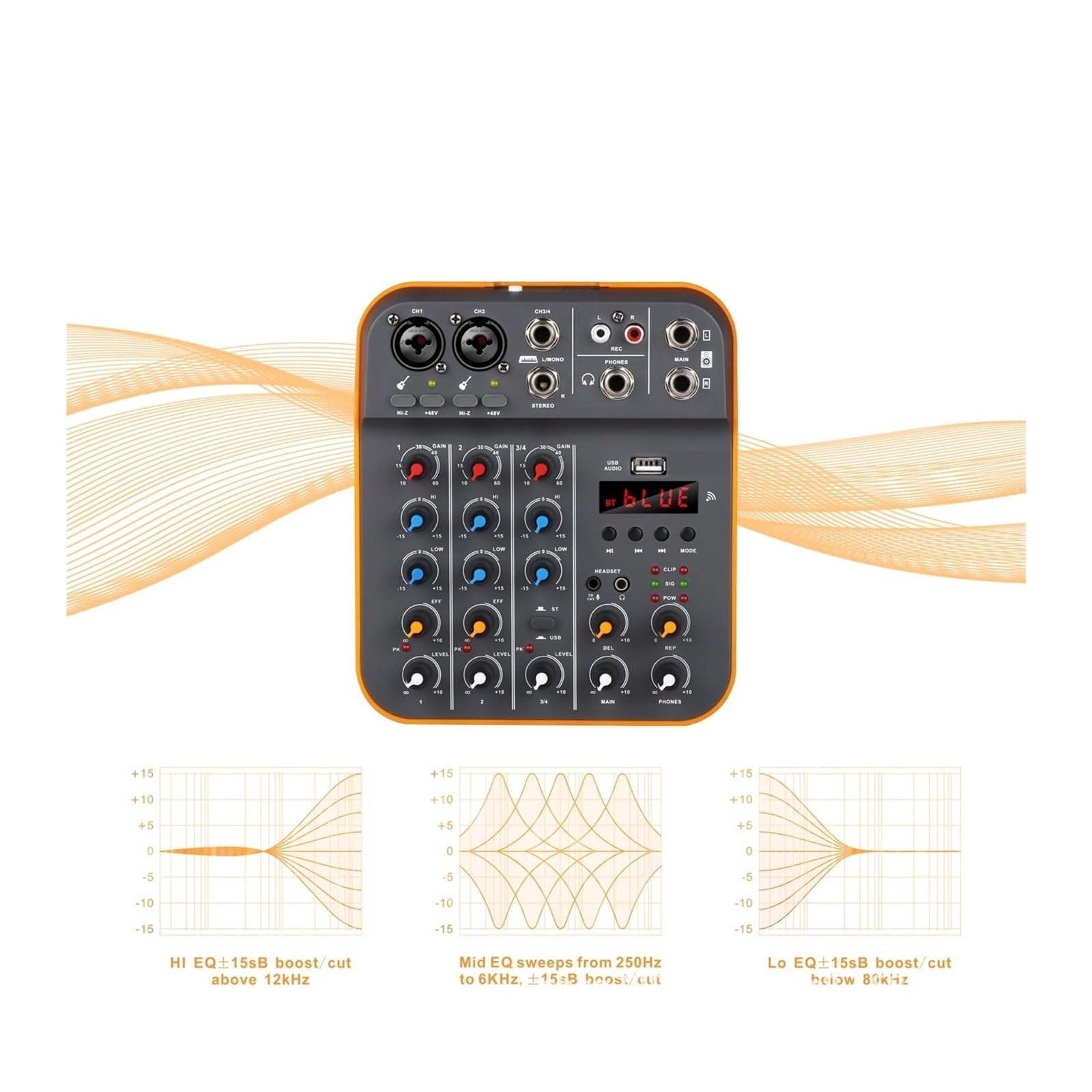 Mezclador de audio, Mezclador de audio Fuluode V4 Consola mezcla sonido USB Grabación por computadora Alimentación fantasma 48 V Retardo Repetición Efecto 4 canales