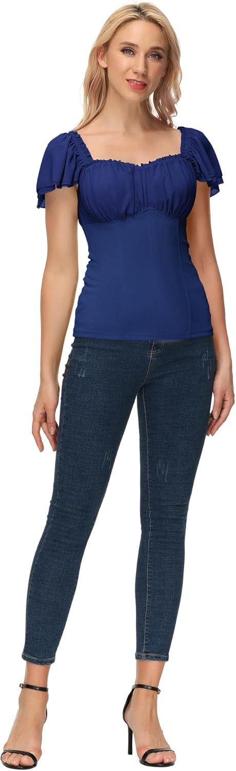 Scarlet Darkness Women Renaissance Shirt Off Shoulder Flutter Short Sleeve Top Summer Square Neck Peasant Blouse - Image 7