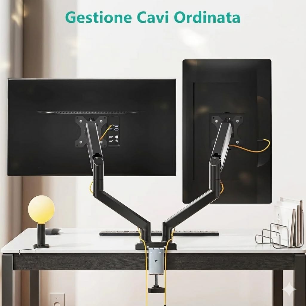 Meridiana Doppio Supporto Monitor Schermi da 10 a 32 Pollici | scrivania gaming, monitor pc, VESA 75 \ 100, Braccio monitor doppio fino12kg, Girevole e Regolabile in Altezza e inclinazione