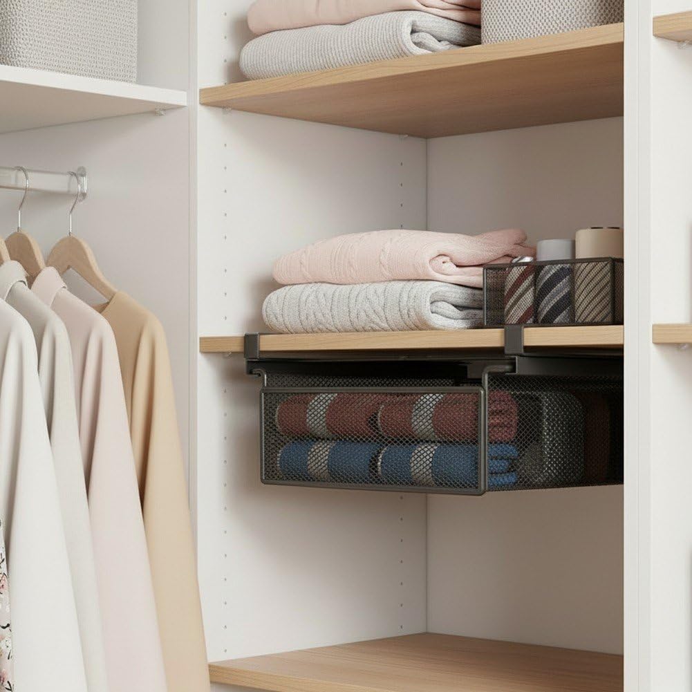 Cestino Sottopensile, Organizer Appendere sotto Il Mobile, Cestino Estraibile per Armadio, Cucina, Credenza, Guardaroba