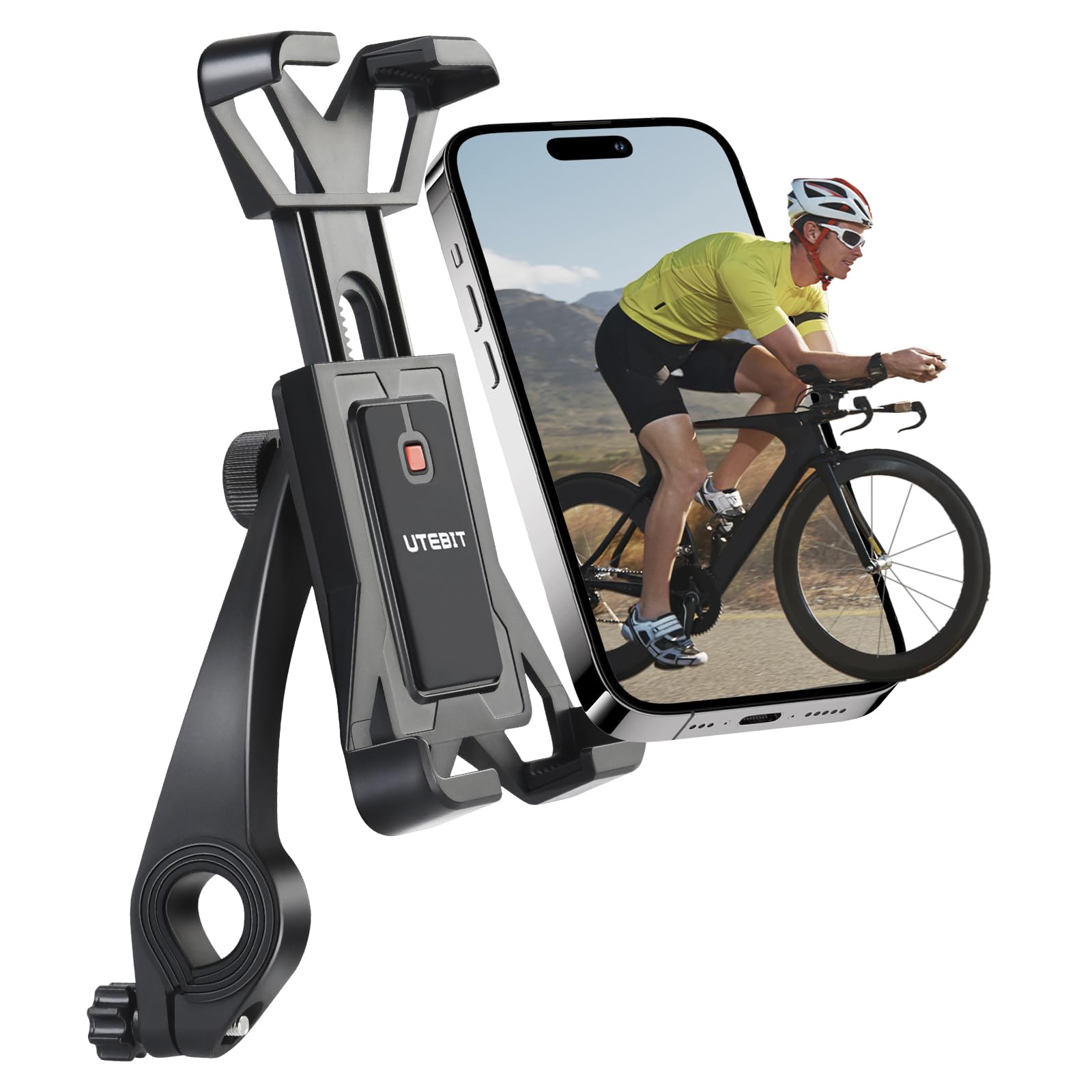 UTEBIT Uchwyt na telefon do roweru górskiego, obracany o 360°, szybkie zwalnianie 1S, z telefonem komórkowym 4,5-7,0 cala, na motocykl, skuter, brud