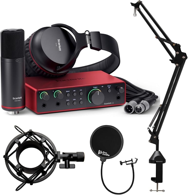 Paquete de interfaz de audio USB Scarlett 2i2 Studio de 4ª generación | Incluye filtro pop, soporte para micrófono y soporte para descarga eléctrica. Solución de grabación profesional con preamplificadores de alto rendimiento
