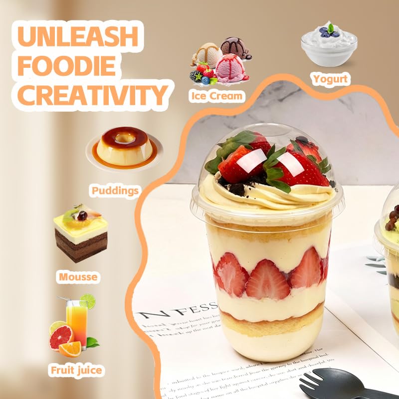 ZoneYan 50 Pezzi Tazze da Dessert Plastica, Rotonde Bicchieri Dessert, 250 ml, Finger Food Contenitori, Plastica Coppe Dessert, Coppette Desserts con Coperchio, Tazze Desserts con Cucchiaio (R)
