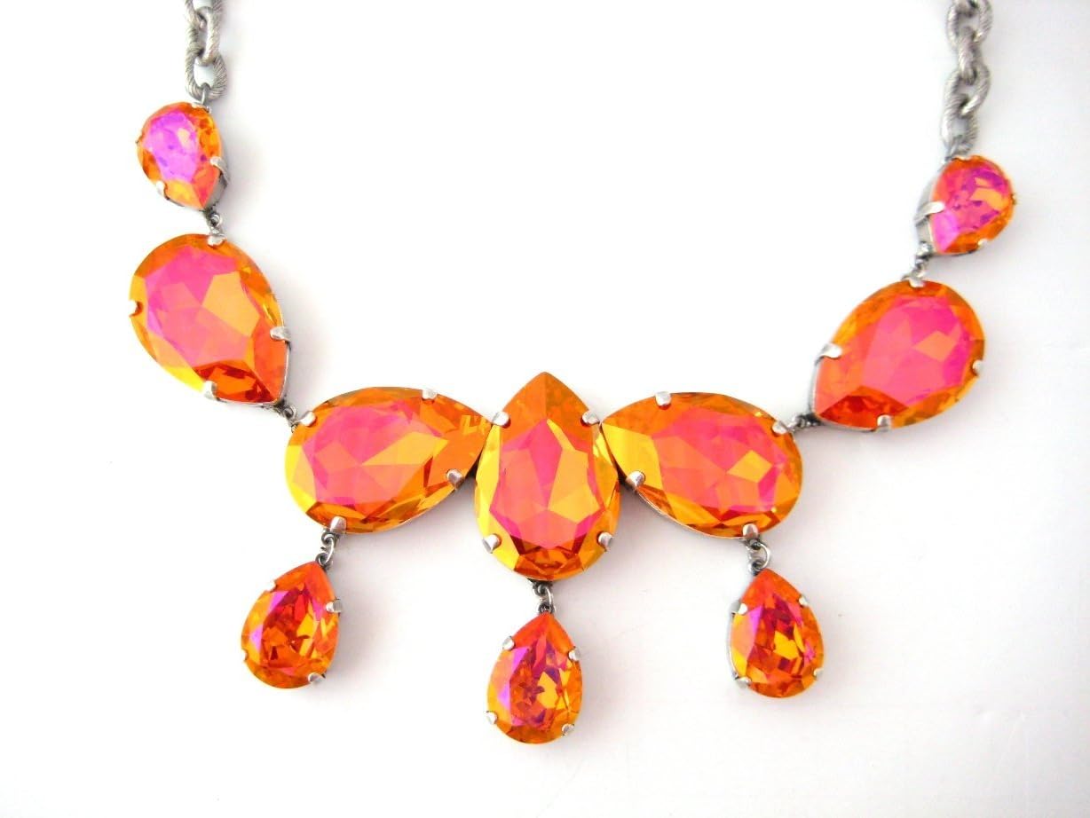 Astral Pink Swarovski Huge Pear Statement Necklace in Antique Silver Finish, Crystal Statement Necklace, Big and Bold Rhinestones