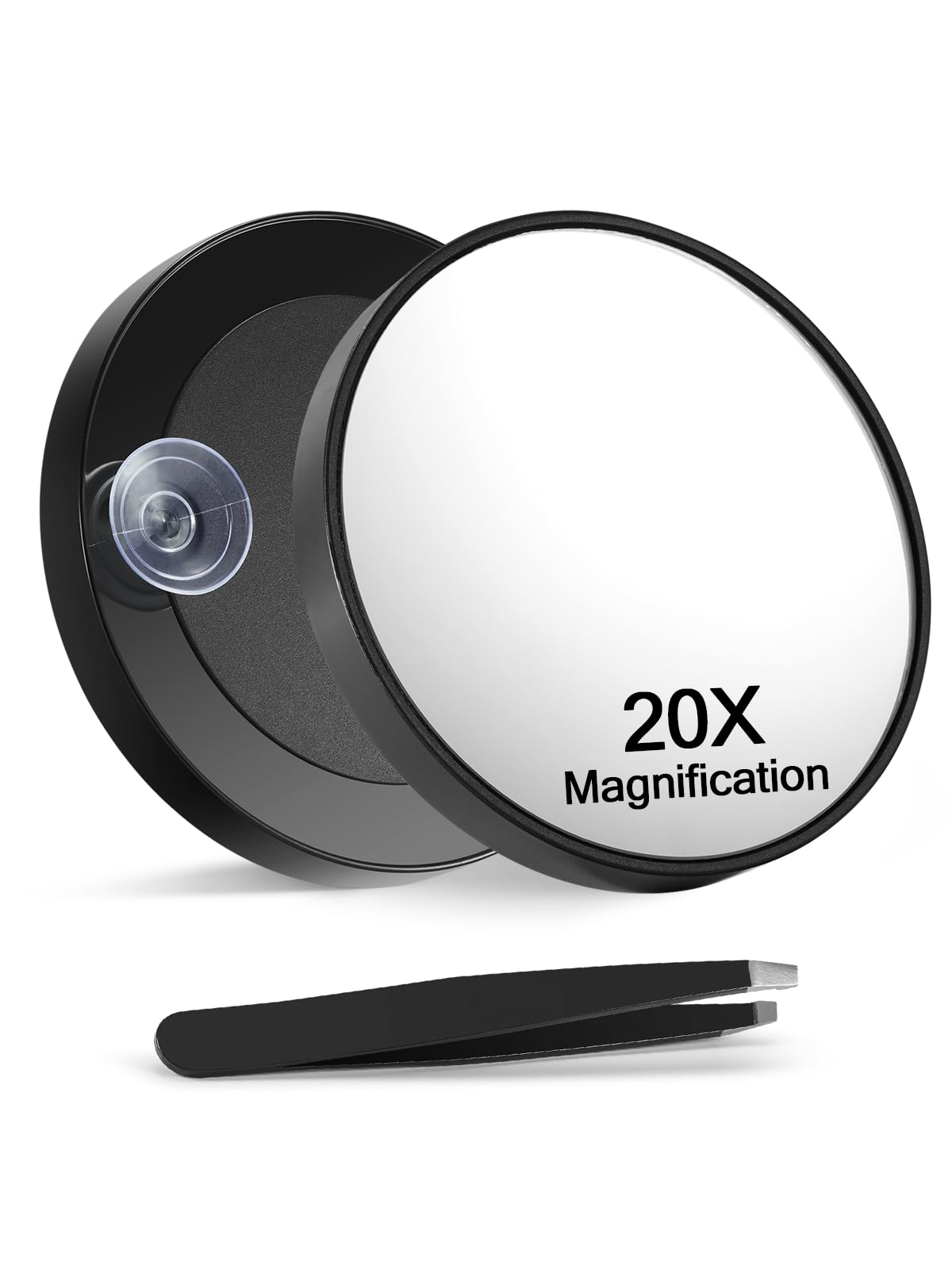 20X Magnifying Mirror with 2 Suction Cups, 3.5 inches Magnified Makeup Mirror and Slant Tweezers,Black,1PC