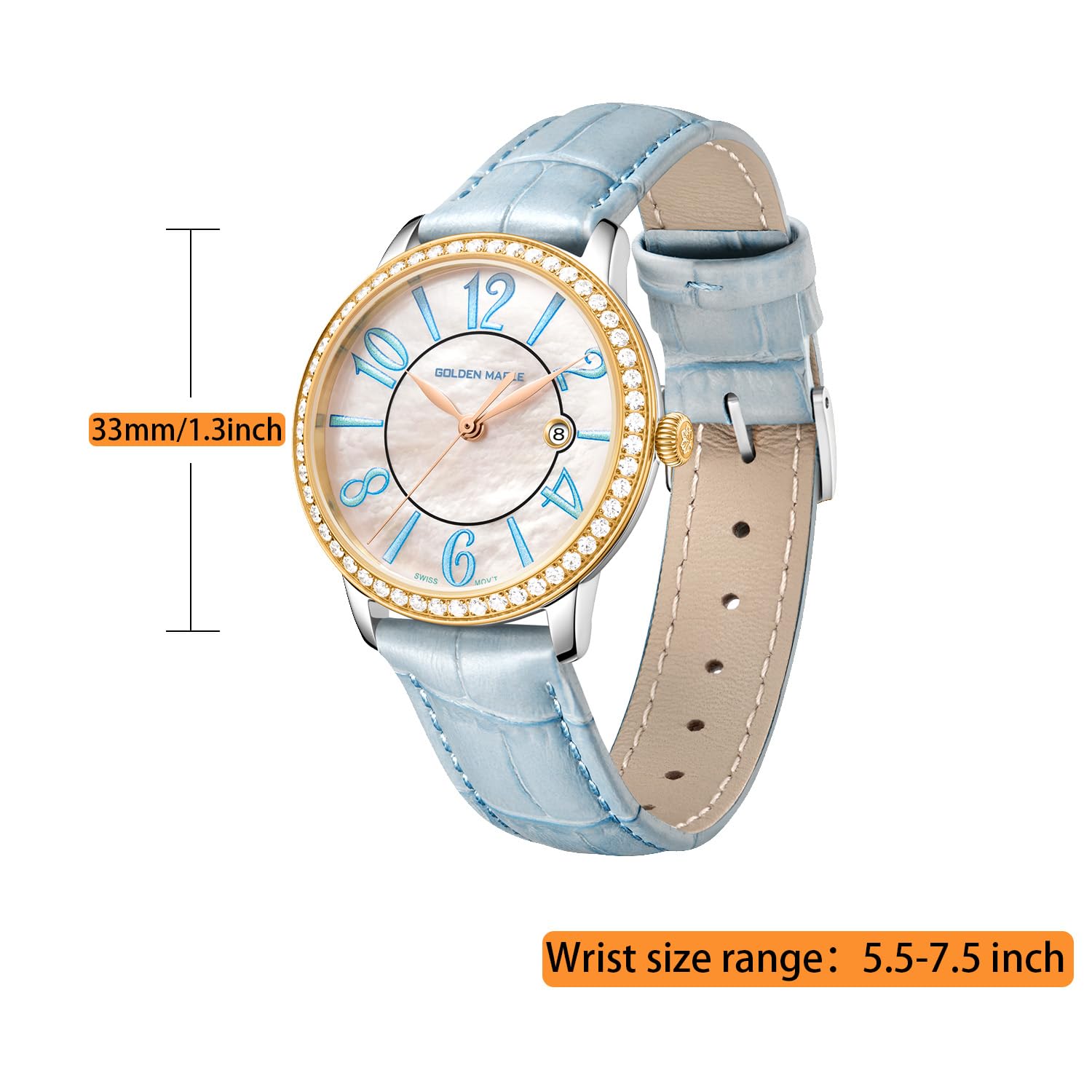 GOLDEN MAPLE Relojes delicados para mujer, esfera de nácar y movimiento de cuarzo suizo, reloj de mujer con correa de cuero
