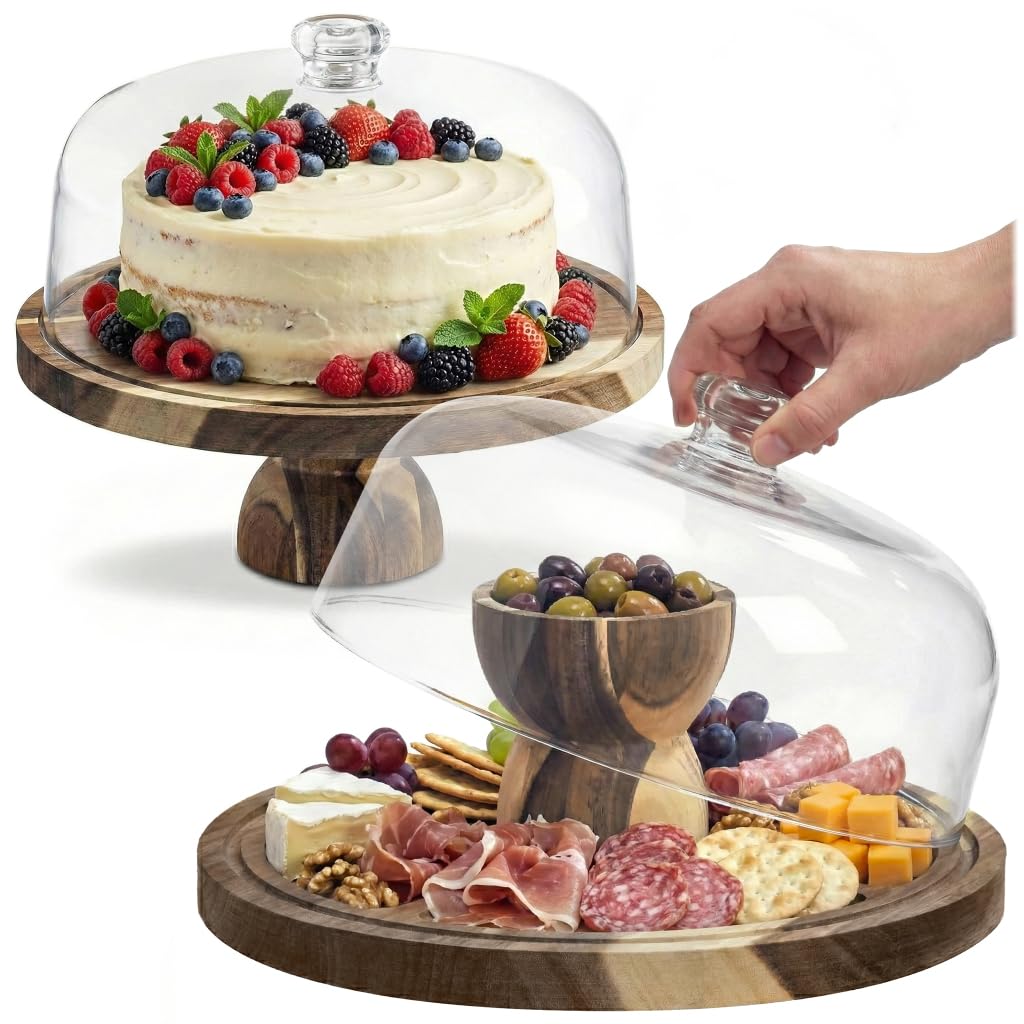 Käsebrett mit Deckel – 2 in 1 Tortenplatte Holz & Charcuterie Board für Snack, Käseplatte Servierbrett Küchenbrett, Rund Kuchenplatte Tortenständer Ideal für Antipasti und Desserts