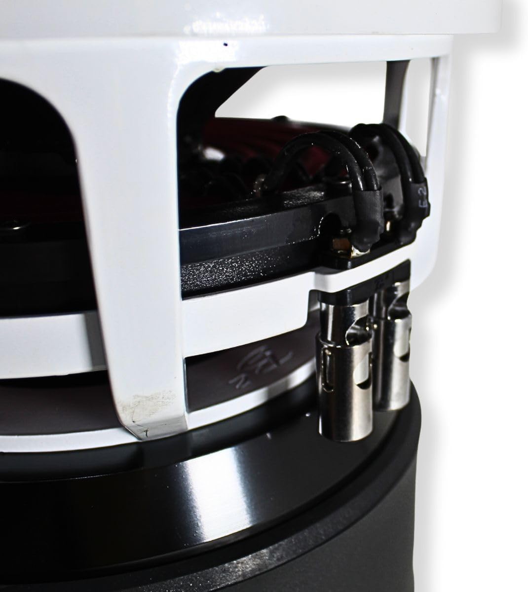 Close-up view of the subwoofer's terminal connections.