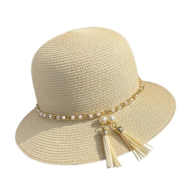 Cappello da Paglia Intrecciata per Donna,Cappelli da Sole Traspirante in Paglia Intrecciata a Tesa Larga con Decorazione di Perle,Cappello da Spiaggia Traspirante per Attività All'Aperto,Viaggi,Vaca