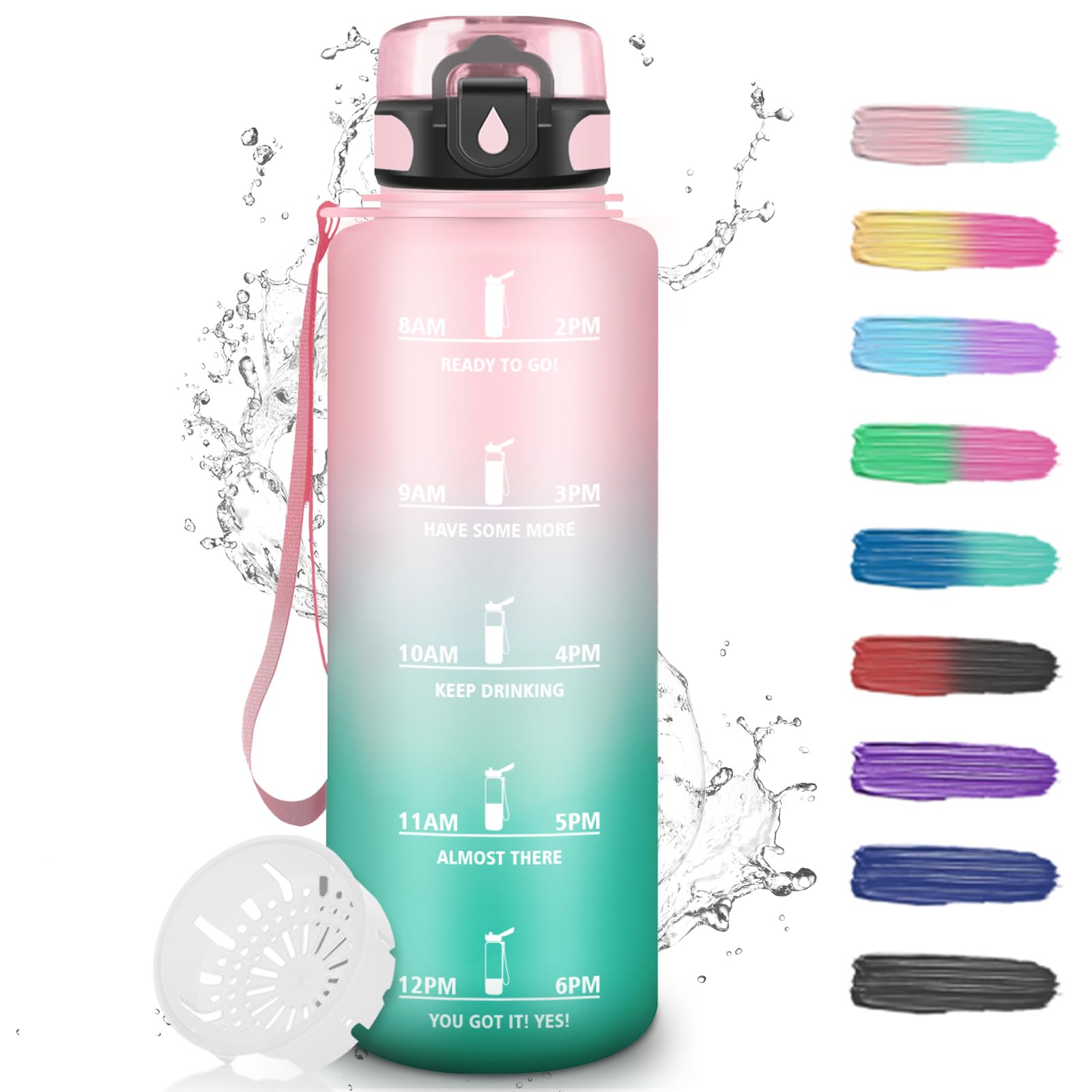 Grsta Trinkflasche, Wasserflasche 1.5 Liter, Sport Wasserflasche mit Filter, Trinkflaschen Fitnessstudio mit Zeitmarkierung, Trinkflasche Auslaufsicher, für Camping, Wandern, Rosa-Cyan