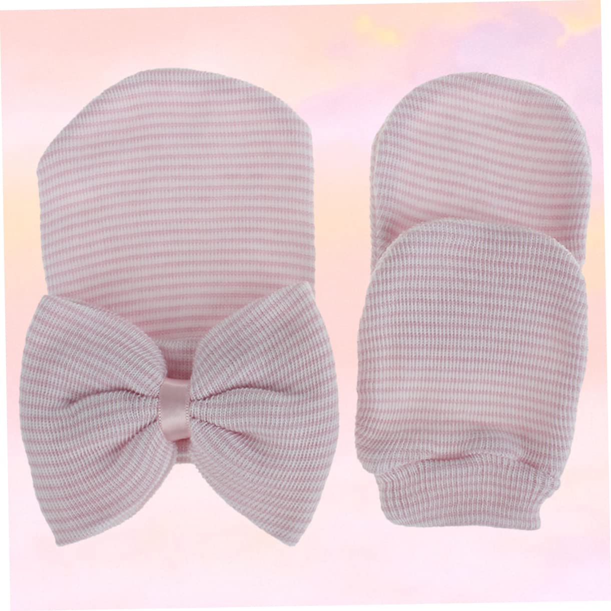 COSMEVIVI Newborn Baby Hat Set Knit Cap Gloves in Yarn Decorative Bowknot Hat for Baby Girl