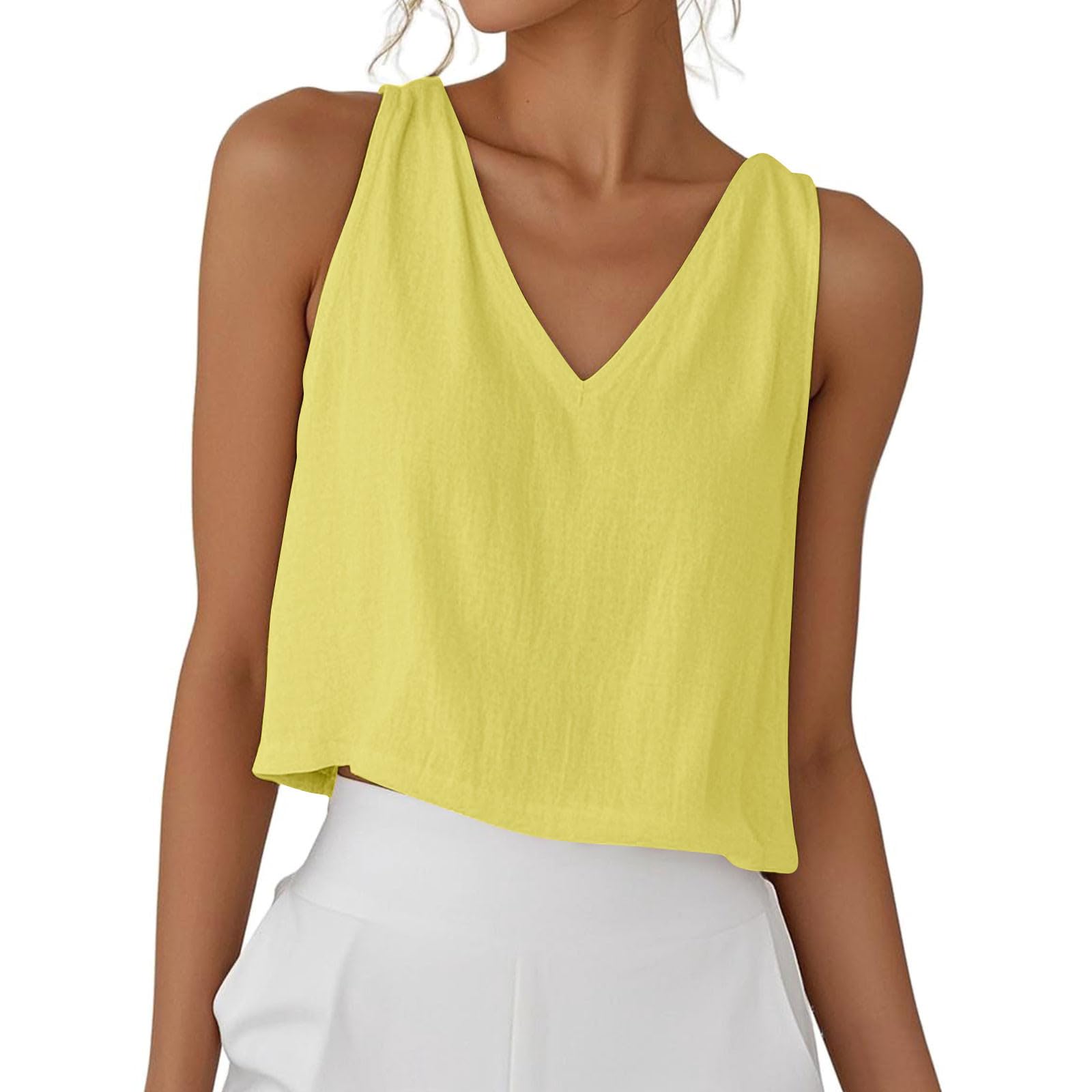 RLEHJN Tank Top Damen,Sommer Leinen V-Ausschnitt Tops Kurze Elegante Oberteile Ärmellose Shirts Baumwolle Einfarbige T-Shirts Basic Blusentop Musselin Tanktops Trägertop Trägershirt