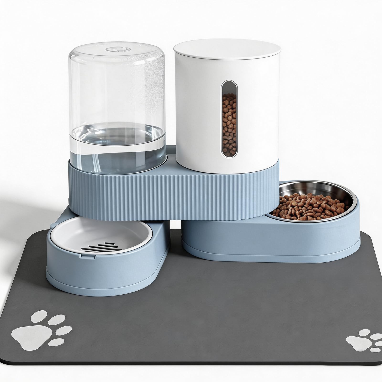 Automatic Cat Feeder and Water Dispenser 2 Pack Gravity Stainless Steel Feeder Bowls with Silicone Mat Set, Large Capacity Dry Food and Water Dispenser for Cats Small Medium Dogs(Blue)
