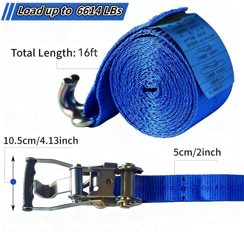 4 Pack Heavy Duty Ratchet Tie Down Straps 2" x16' – 6614 lbs Break Strength Cargo Straps with Metal Hooks for Truck, Trailer, Moving, Motorcycle & ATV, Blue - Image 2