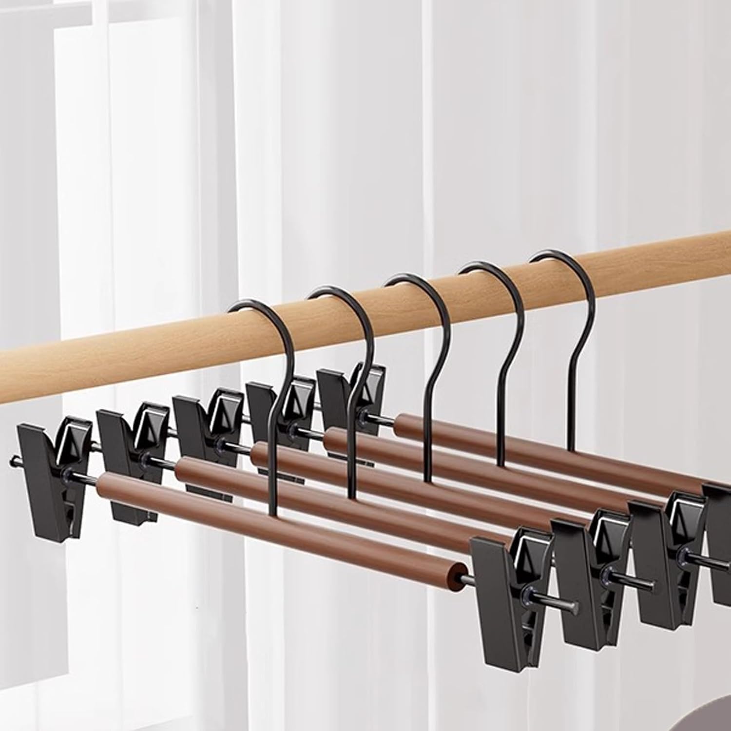 Lot De 10 Cintres En Bois Naturel Pour Pantalons Et Jupes Avec Clips Réglables Chromés - Gain