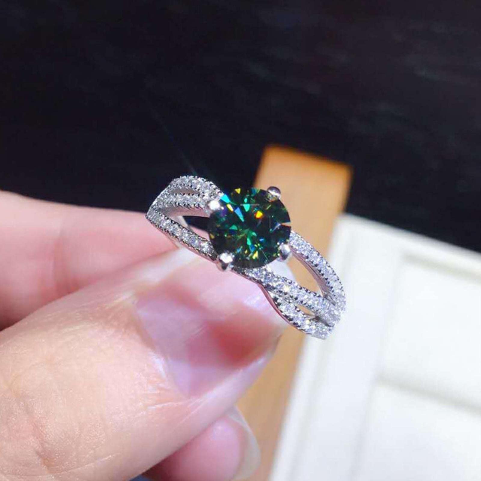 Hcma Women's A Hcm Double Layer Weave Luxury Created Green Blue Moissanit Gemstone Djustable Ring For Fine Jewelry Wedding Gift