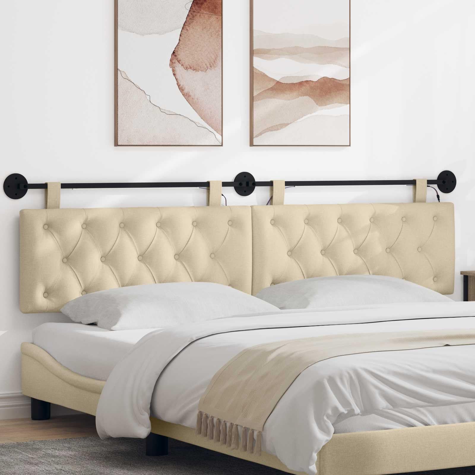 Wiszący zagłówek z oświetleniem LED, kremowy materiał, 210 x 55 x 7 cm, montaż ścienny z drewnianą ramą i metalowymi akcesoriami, uniwersalny panel ścienny do sypialni, salonu